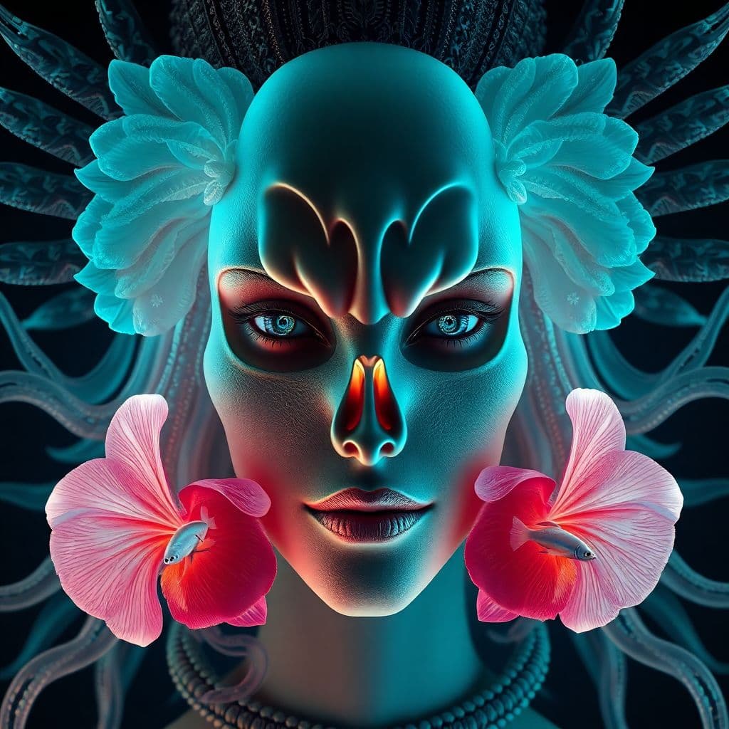 AI generated: Goddess close-up portrait ribcagel. jellyfish phoenix head, nautilus, orchid, skull, betta fish, bio...
