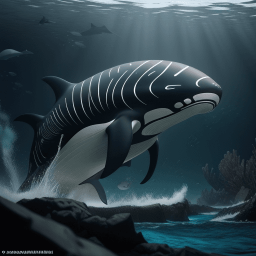 AI generated: Create an ultra-realistic scene of an Orca Whale preparing for battle. The Orca is wearing intricate...