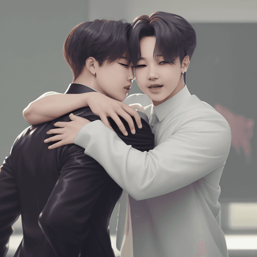 AI generated: A realistic photo of Jimin from BTS and JB from the Kpop group Got7 hugging as friends.