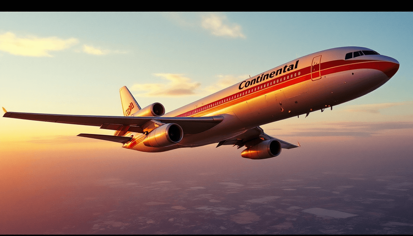 AI generated: 1980's Continental DC-10 with the gold and red colors flying at sunset.