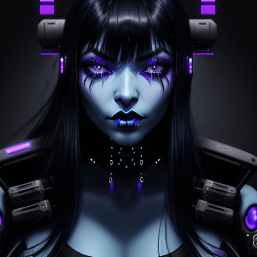 AI generated: A woman with blue skin, long black hair, purple iris, black eyebrows, bangs, long eyelashes, black l...