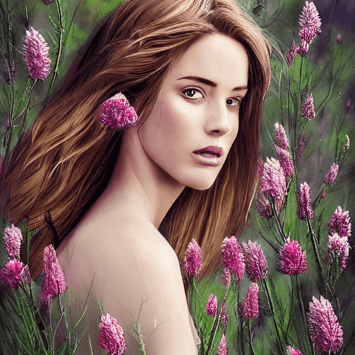 AI generated: hyperrealistic full length portrait of gorgeous girl | naked | standing in field full of flowers | d...