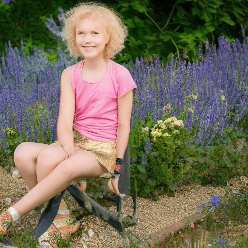 AI generated: Happy, gold haired, girl, 10 years old, sit, garden