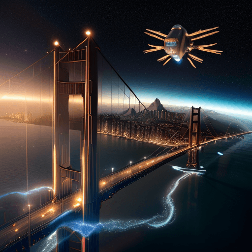 AI generated: star trek, federation, earth, san francisco, golden gate bridge, headquarter, futuristic city, flyin...