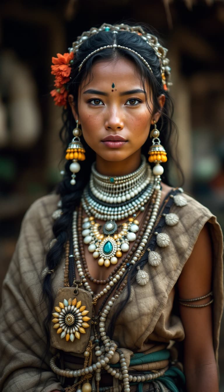 AI generated: High resolution photography of a female Kyowa Indian with typical jewelry and typical clothing in ty...