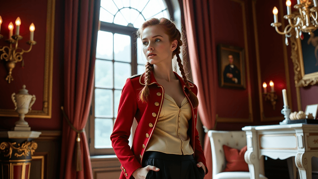 AI generated: cinematic film still of a rebellious princess in a lavish baroque room, looking bored out a large wi...