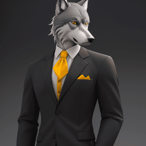 AI generated:  Mr. Wolf is a slim, tall grey brownish wolf with dark red eyes yellow sclerae and has thick black e...