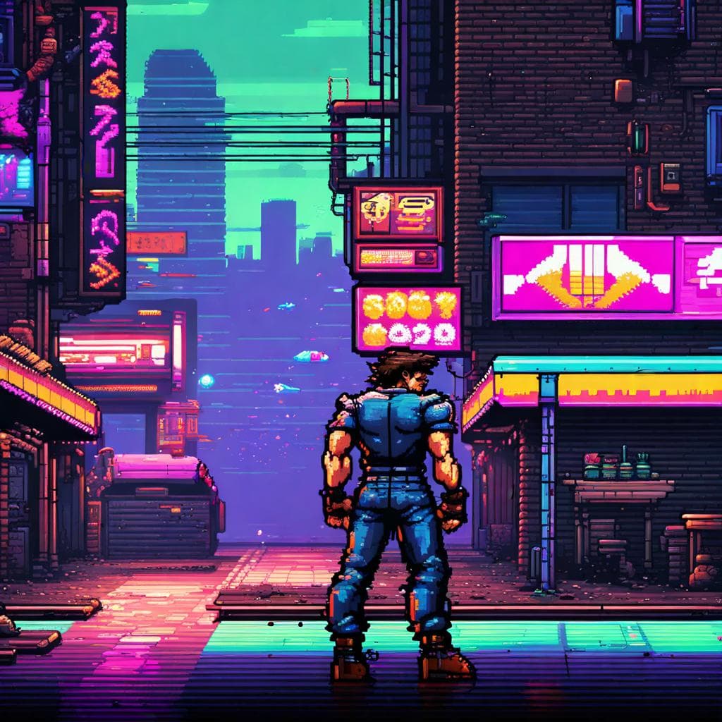 AI generated: pixel art cyberpunk 16 bit video game, highly detailed, 8k
