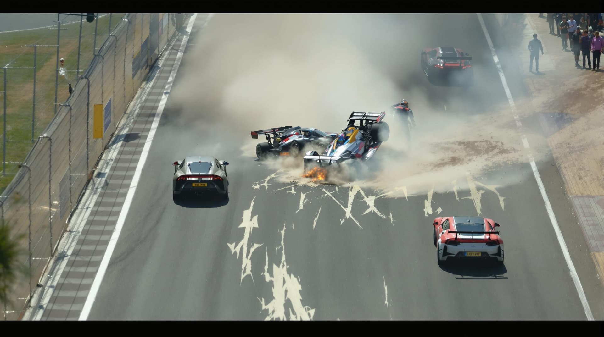 AI generated: The race track is well lit by sunlight.       Two cars collide on the track ahead and are carried to...