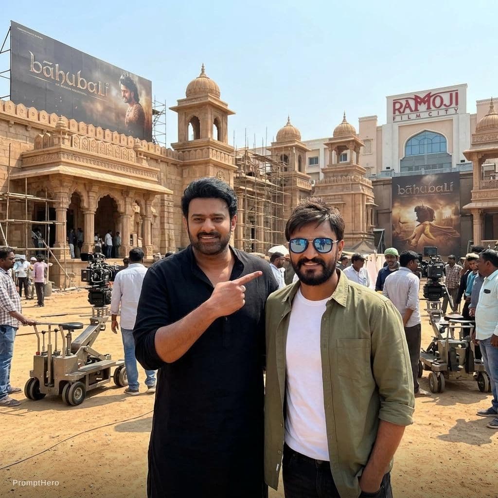 AI generated: Create a image  using my image with rebel star prabhas filim star in(hydrabad ramuji filim city