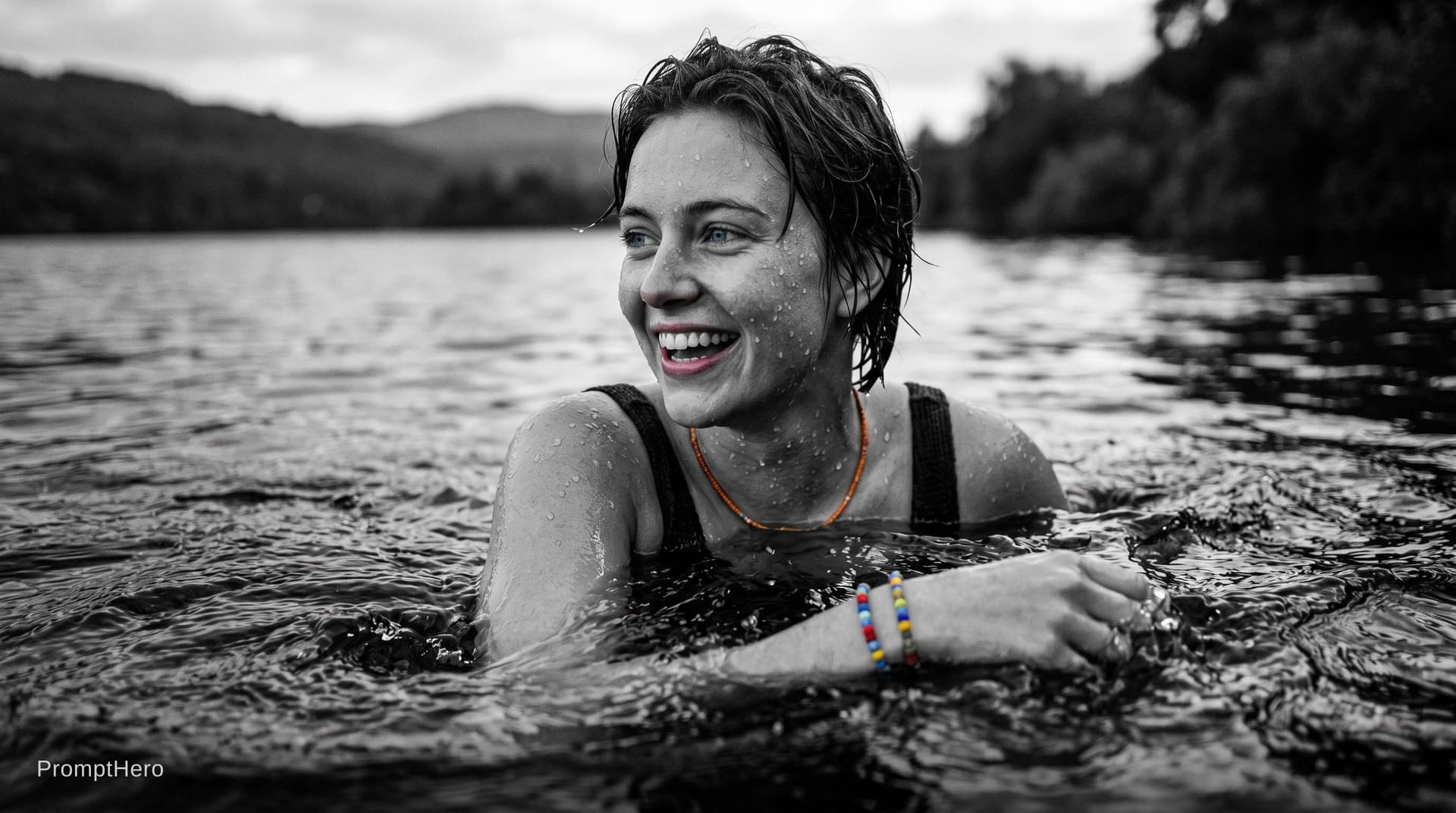 AI generated: photo of a woman in the water, black and white with pops of color, frameless, freya, droplets, magaz...