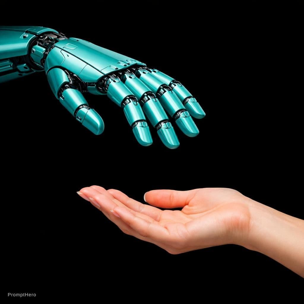AI generated: 2 Hands. Hand 1: Robot hand, colour turquois metal, relaxed open palm downward. Hand 2: Human, femal...
