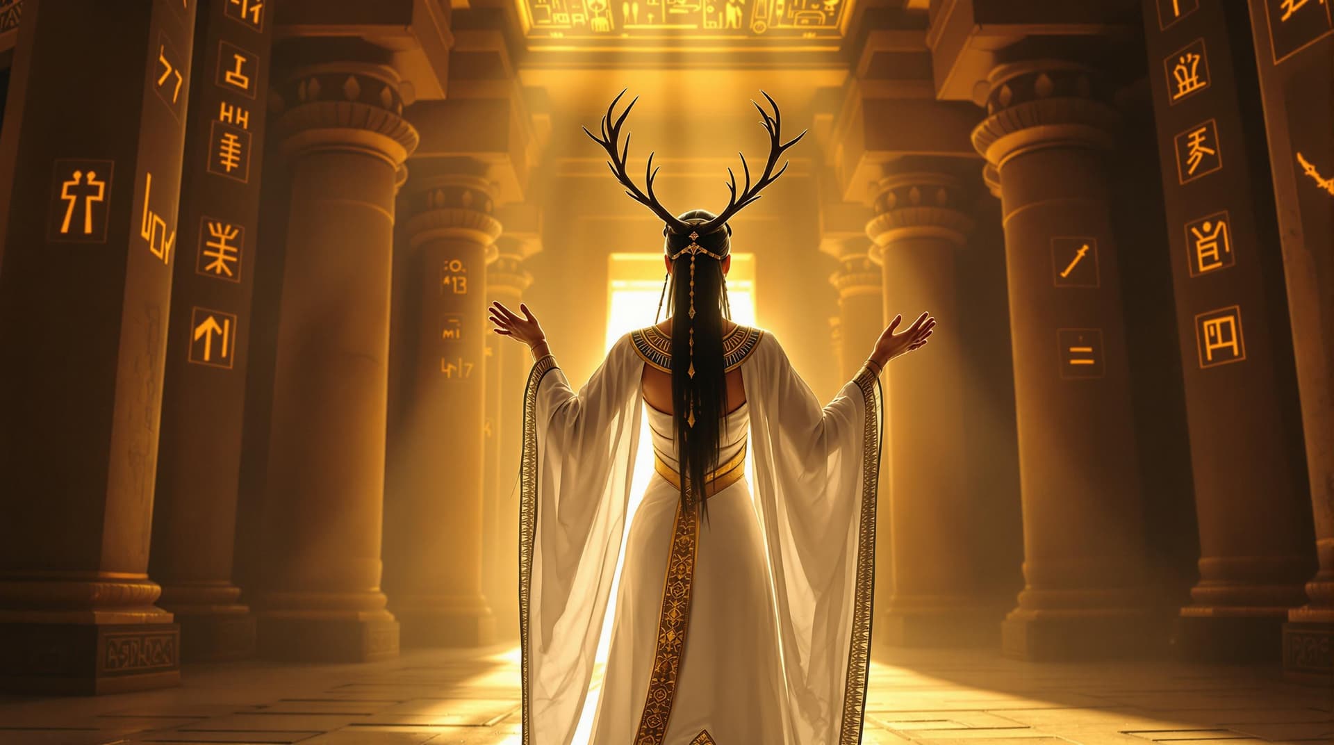 AI generated: a Majestic Norse priestess in a flowing white linen dress with intricate gold Egyptian accents and a...