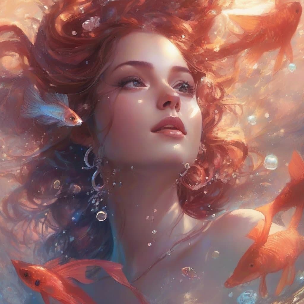 AI generated: dark underwater, beautiful girl looking into camera, floating dark red hair, big blue eyes, smiling,...