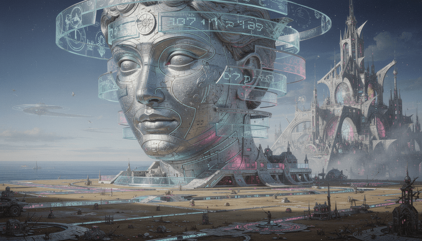 AI generated: In a surreal, futuristic landscape, bosh style a giant   androgynous face has hyper-realistic, raise...