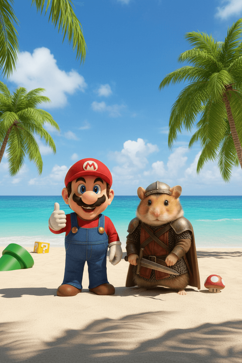 AI generated: put the characters on the beach