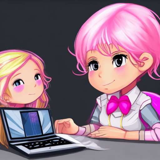 AI generated: a computer heroine with blond hair and pink hair with two small and cute and younger