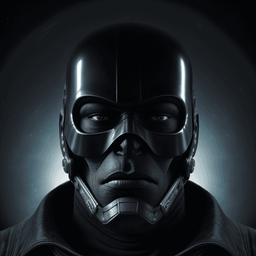 AI generated:  high quality foto of a big man, black mask, dark looking eyes, in space, cyperpunk, 