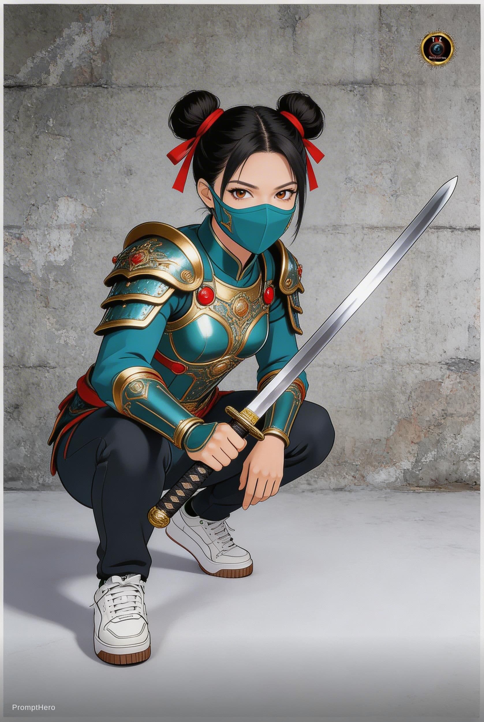 AI generated: A captivating portrait of a young Asian woman, mid-shot, embodying a futuristic warrior aesthetic. S...