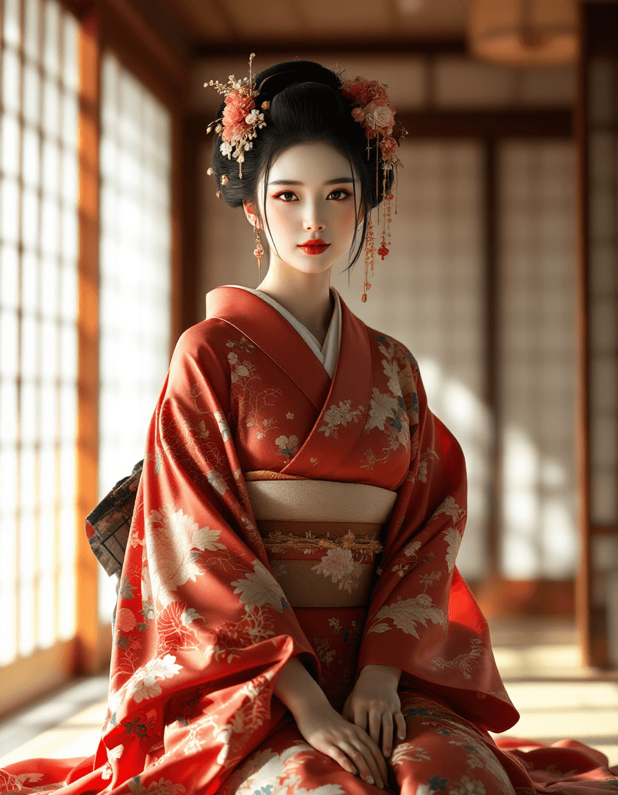 AI generated: Hyper-realistic ultra-HD photograph of a 24-year-old Japanese geisha resembling Nana Komatsu, posed ...