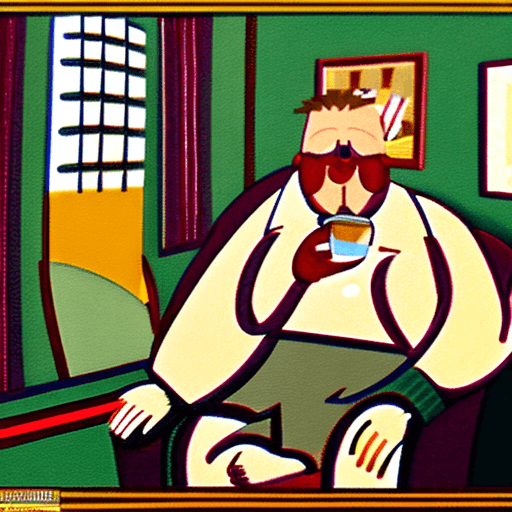 AI generated: Fat man, sitting in an armchair, eating chips, drinking beer, looking tv, living room with soft ligh...