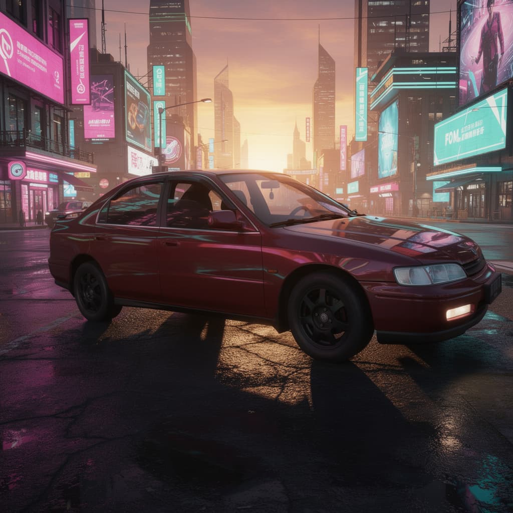 AI generated: A cyberpunk city at sunset