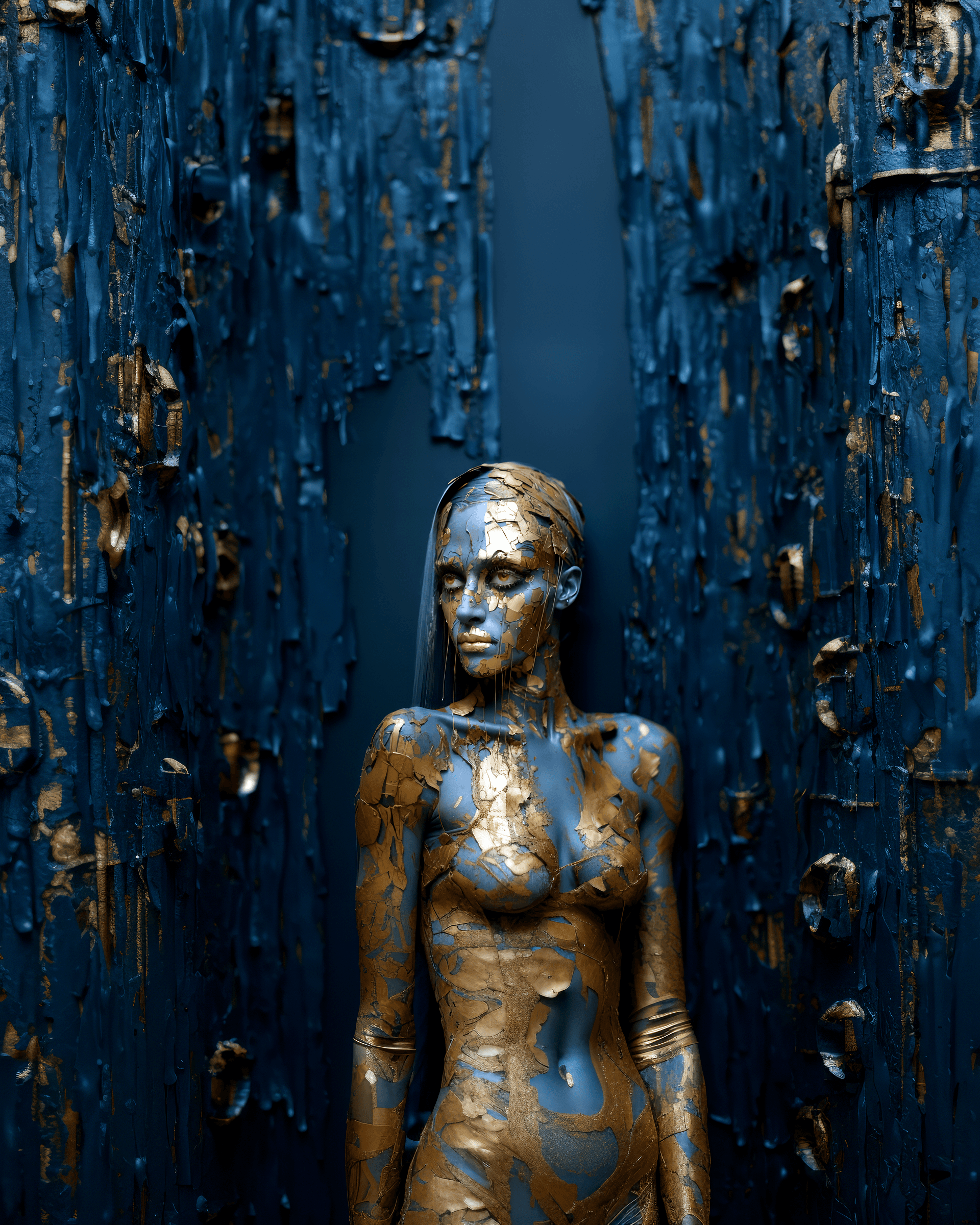 AI generated: hysterical woman wearing with painted on eyes, in the style of bronze and amber, body casts/body pri...