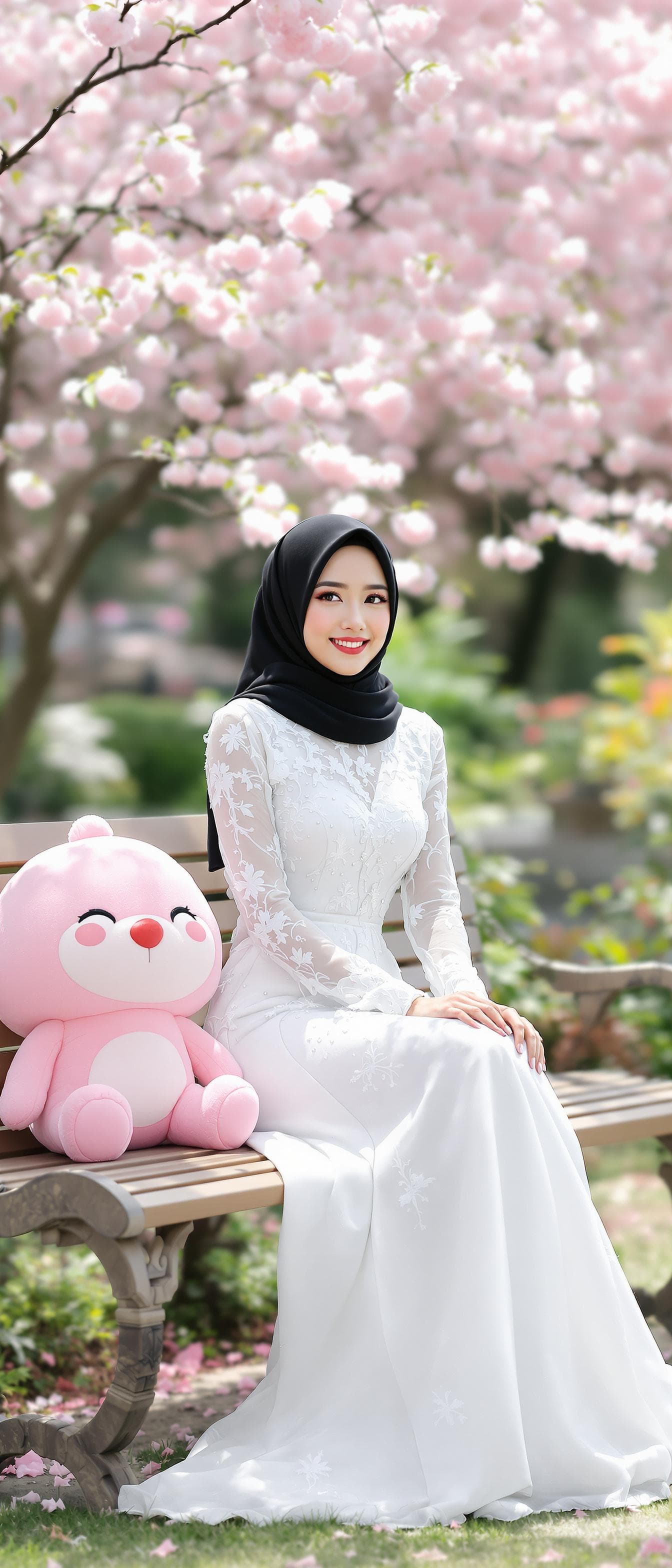 AI generated: a woman, indonesian woman, outdoors, garden, cherry blossoms, sitting in a bench the arms on knee, b...