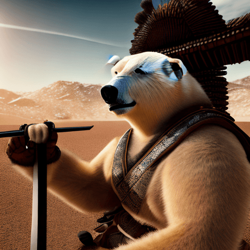AI generated: in a desert with very strong sunlight, a photo of a samurai polar bear with a katana in his hands in...