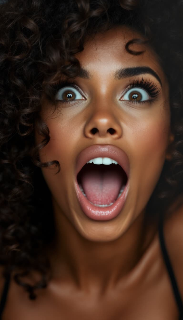 AI generated: A woman with brown skin and curly hair is opening her mouth wide in surprise. Her eyes are wide and ...