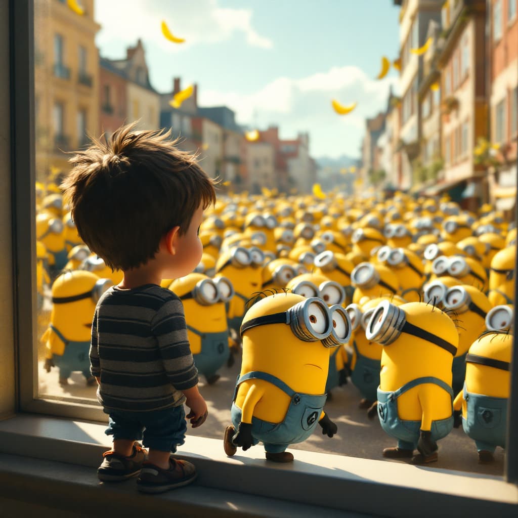 AI generated: A boy looking from a window at daylight and sees many walking  Minions . Their body are exposed and ...