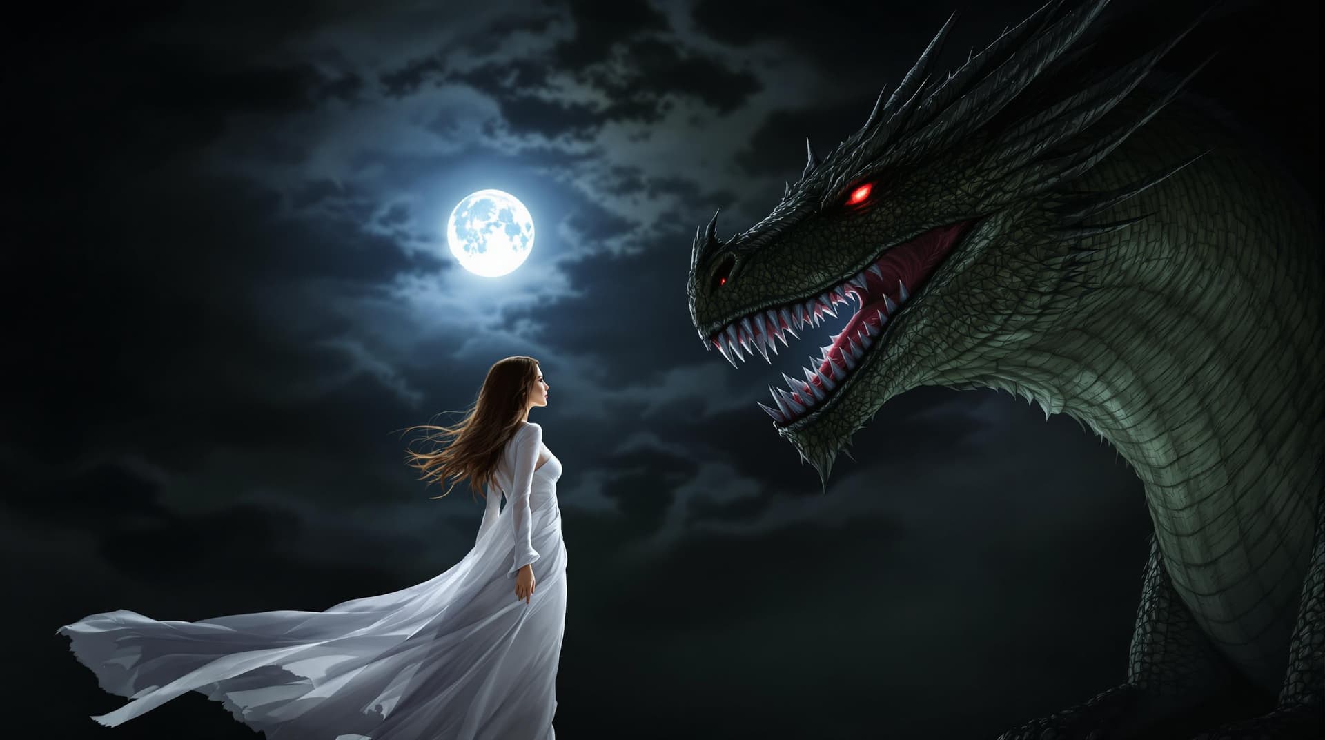 AI generated: The image depicts a woman in a white dress standing in front of a large dragon, with a full moon in ...