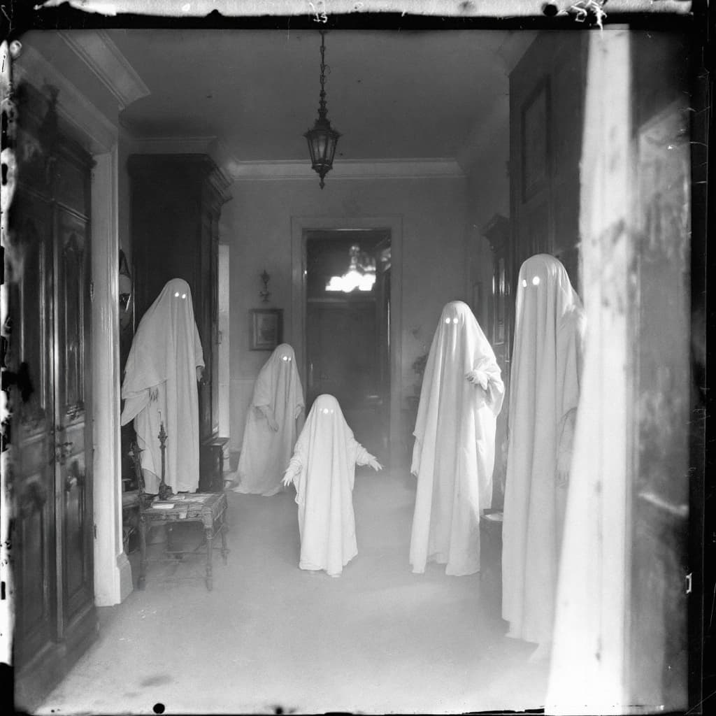 AI generated: 1900's black and white vintage photo, interior, ghosts, captured on square format film, grainy, aged