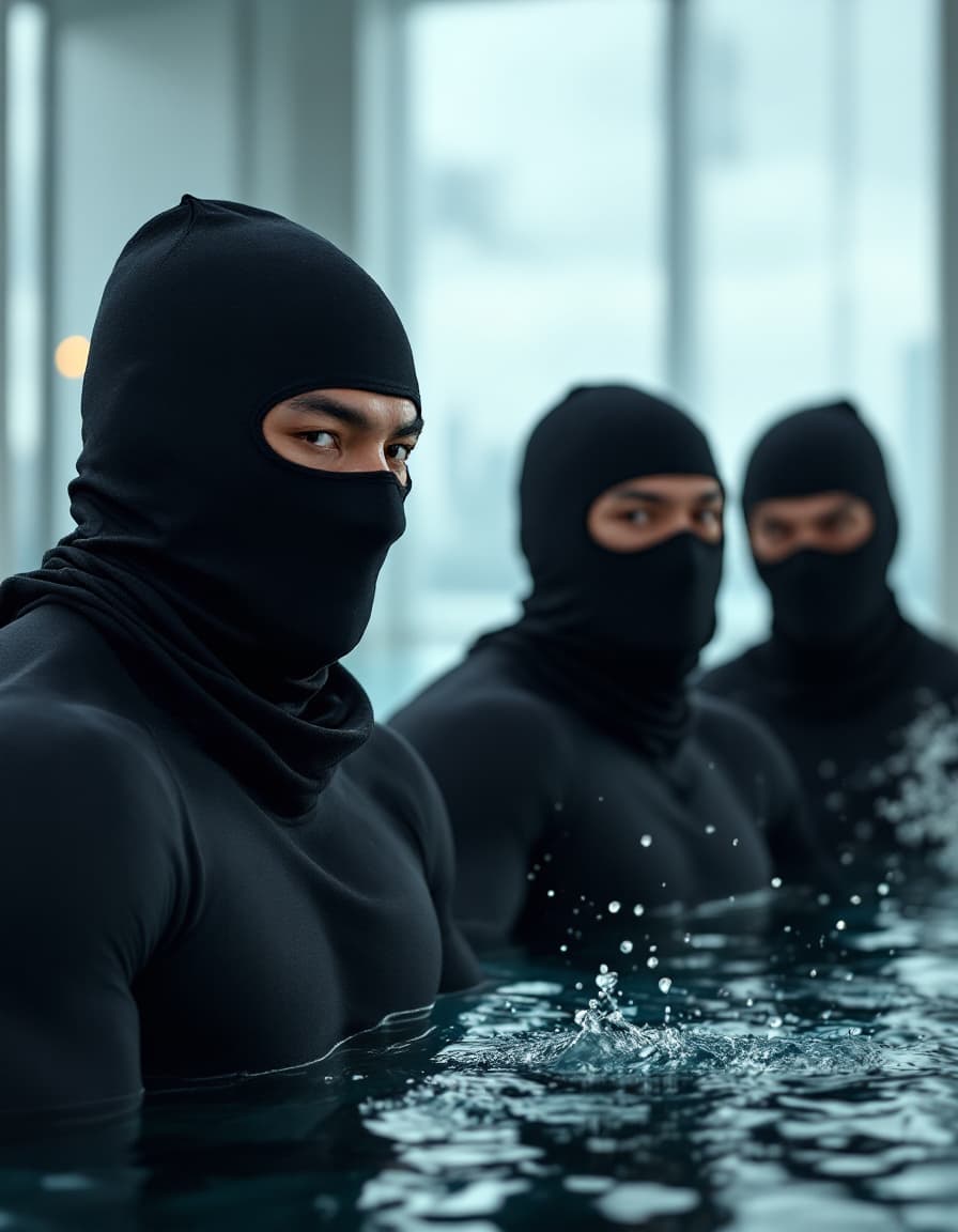 AI generated: Three muscular masculine handsome male Asian Chinese olympic swimmers demonstrate how to wear tight ...