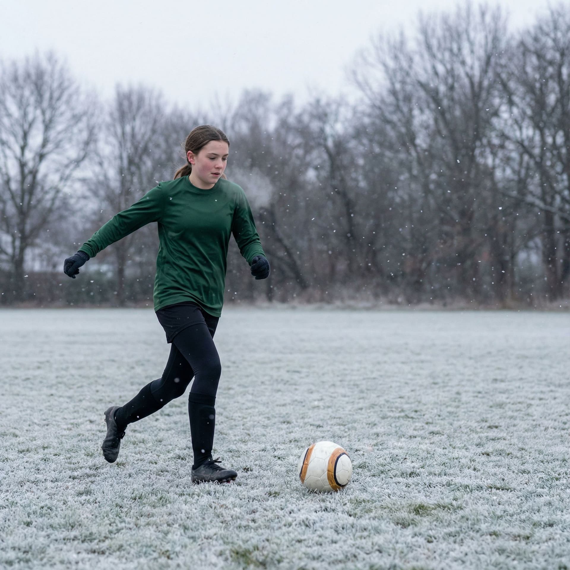 AI generated: soccer|player|femal|green shirt|winter|girl - 14 years old|no club crest on the shirt