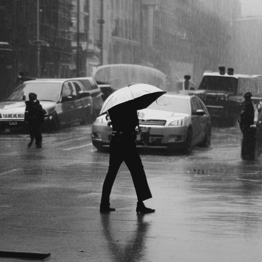 AI generated: Photography, Peter Lindbergh, 2023. It is raining in a heavy way. A group of cops close a street to ...