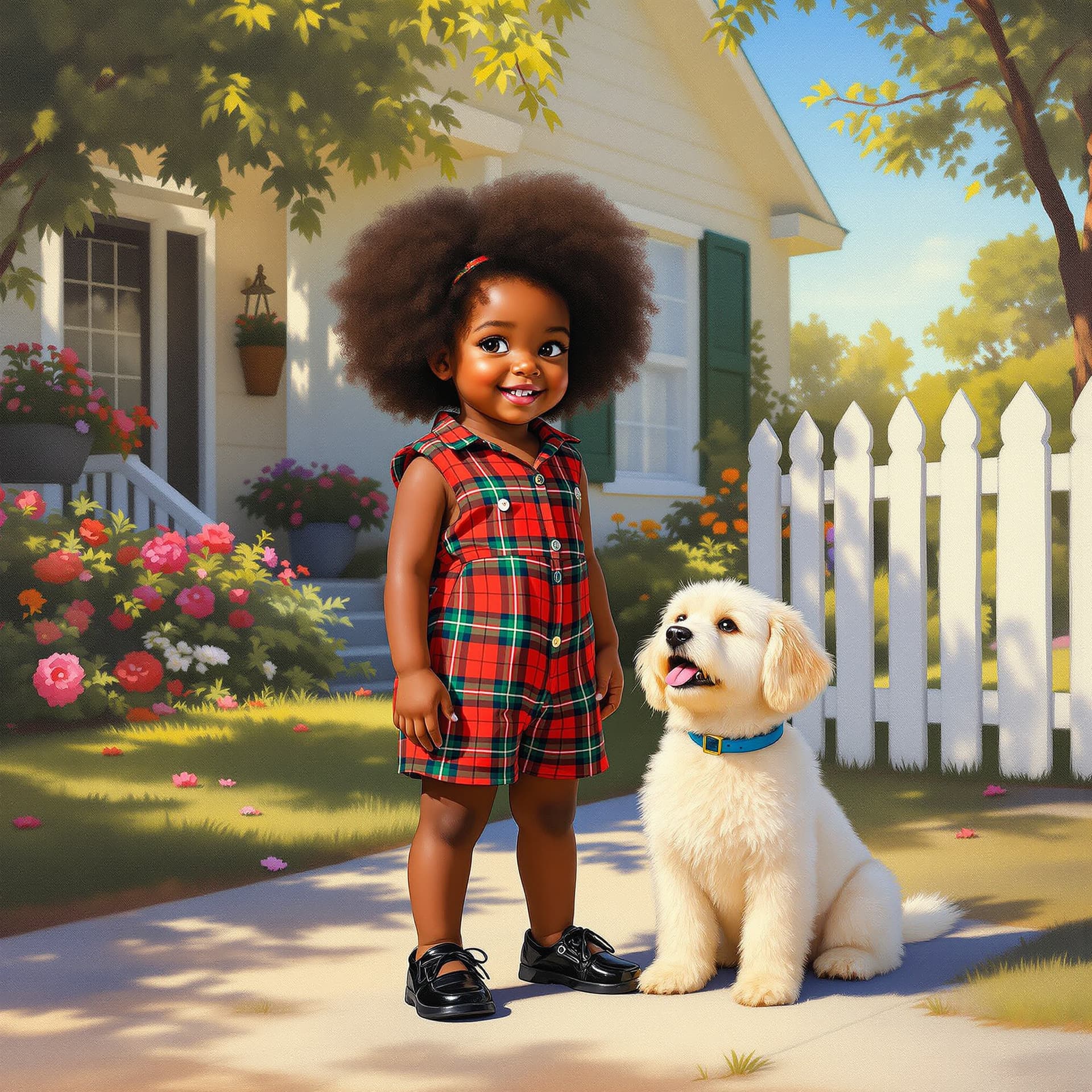 AI generated: A highly detailed oil painting depicting an African American toddler with soft curly hair, wearing a...