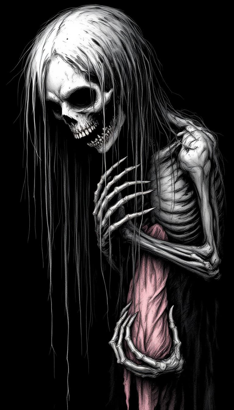 AI generated: creepy black ink drawing of a Terrifying skeletal female figure with long stringy hair , sunken, twi...