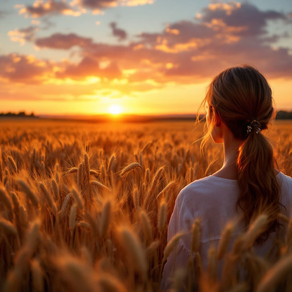 AI generated: Beautiful photograph of a landscape of a wheat field in a beautiful sunset, a woman from behind cont...