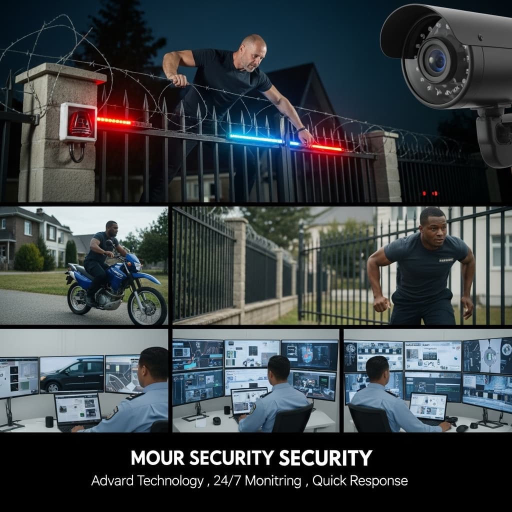 AI generated: create a video of a security company advert showing a thief jump the gate
