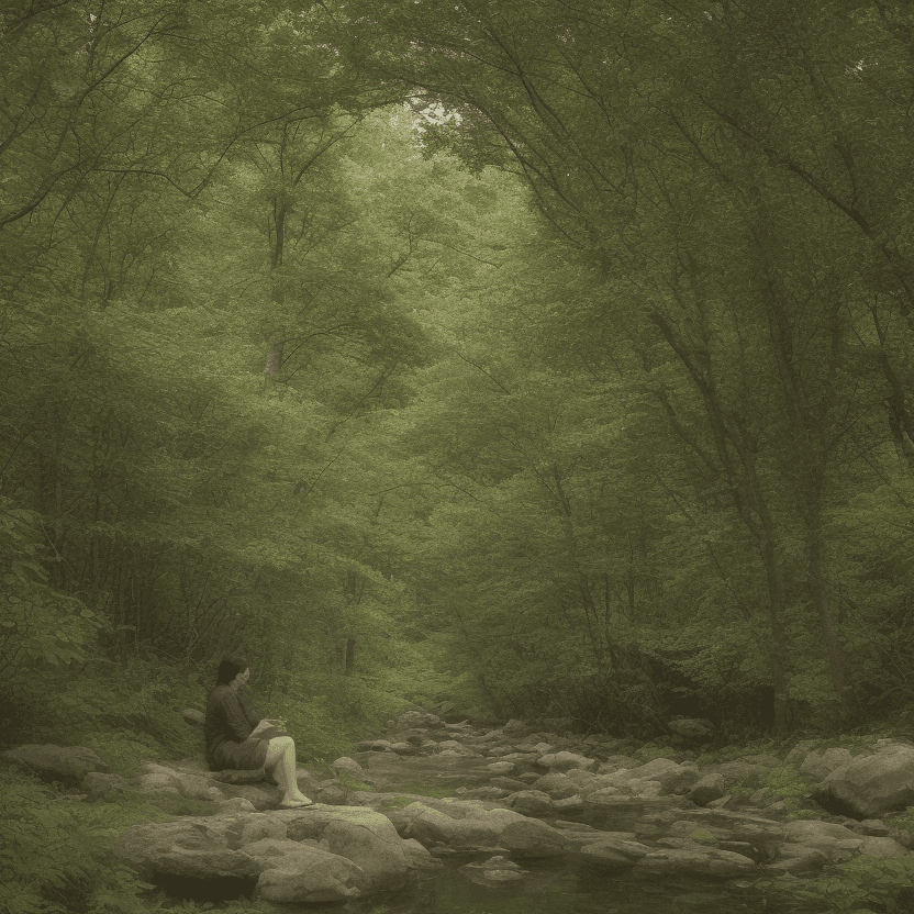 AI generated: A Japanese woman, sits in a serene glen, facing the viewer 