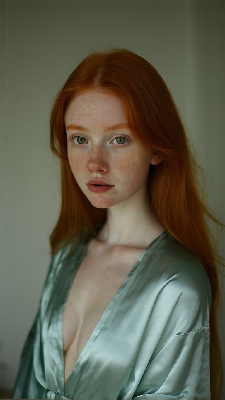AI generated: 20 years old woman, with long, ginger hair, centered in the image, is captured in whole body, slight...