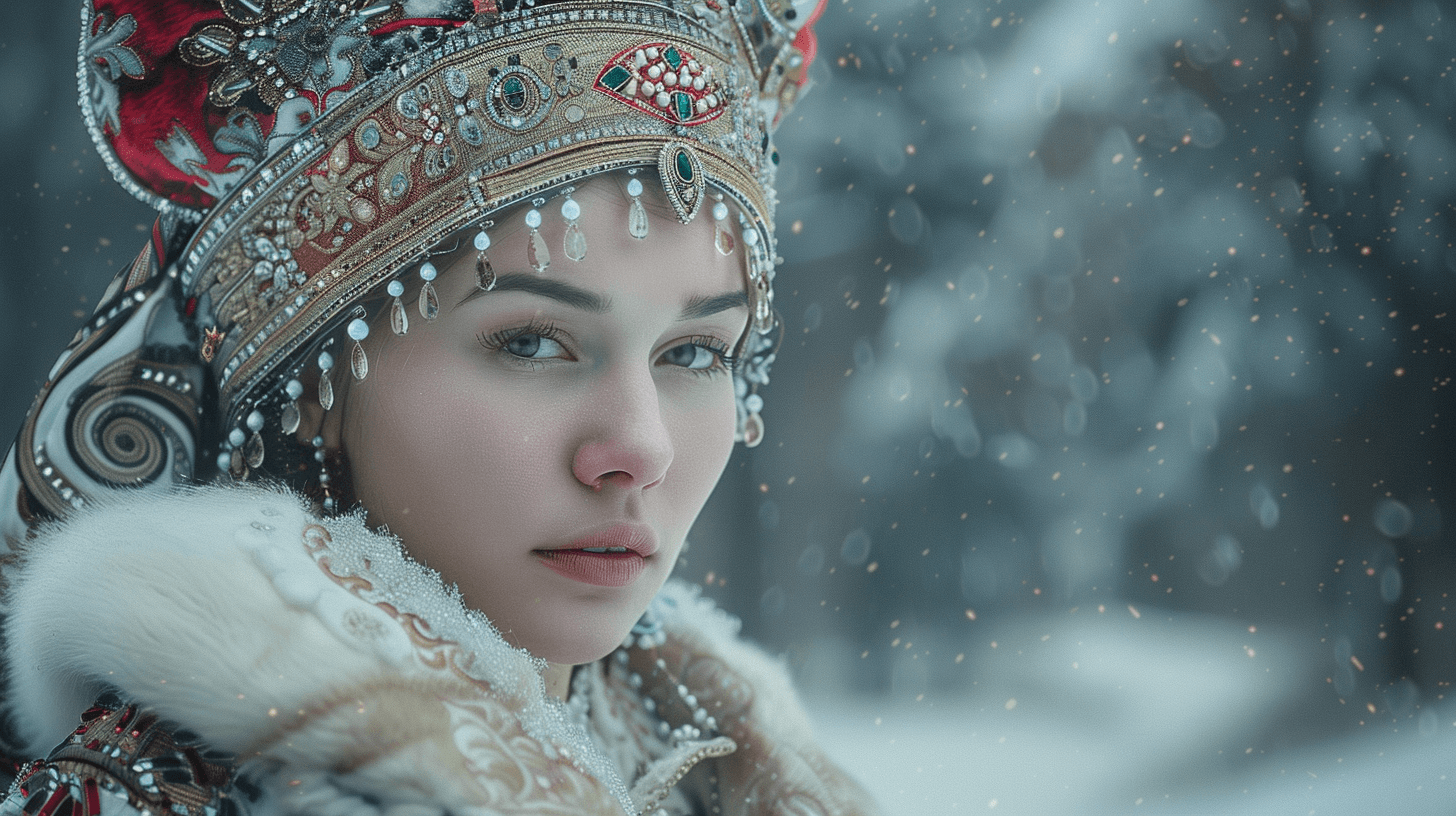 AI generated: Winter in Russia, a beautiful 30 year old Russian woman wearing traditional Sarafan and intricate ko...
