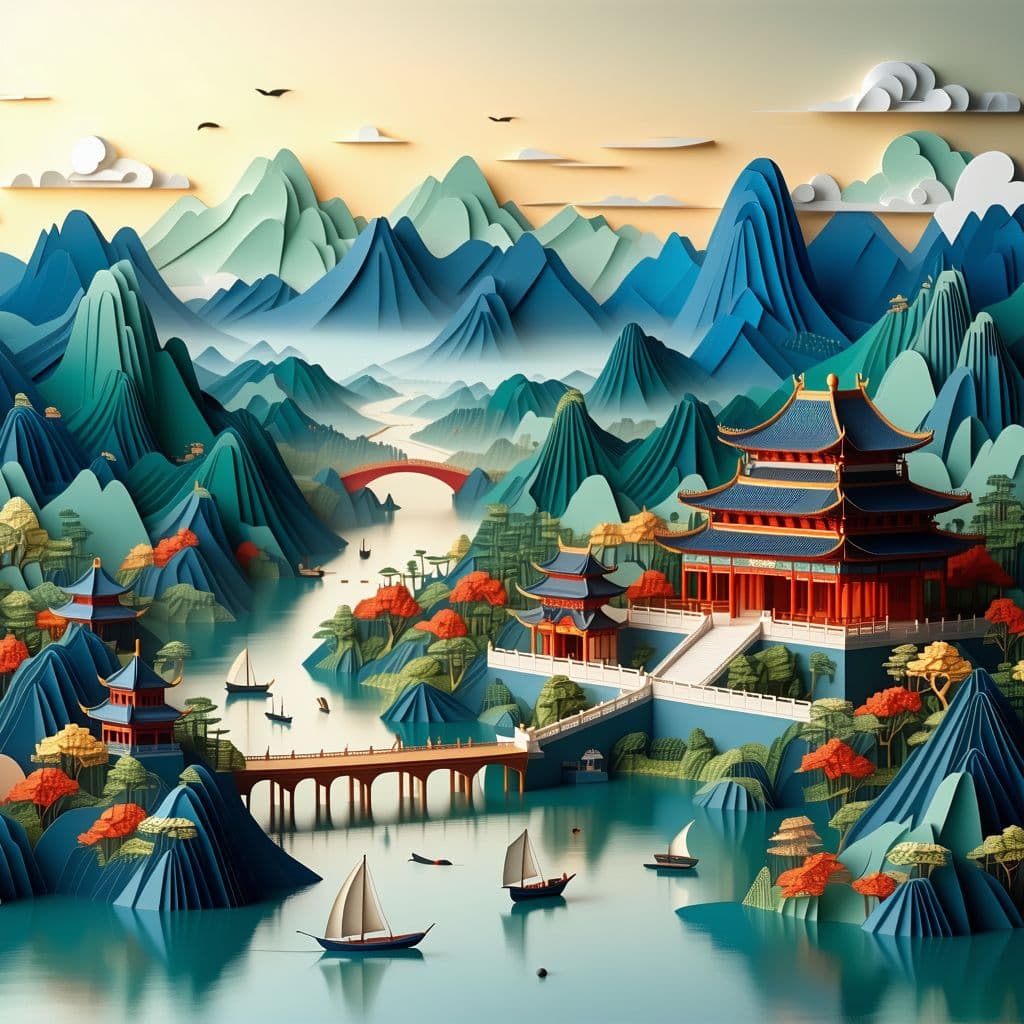 AI generated: Scenic view, ancient Chinese kingdom, papercraft style, intricate crafts, details of traditional Chi...
