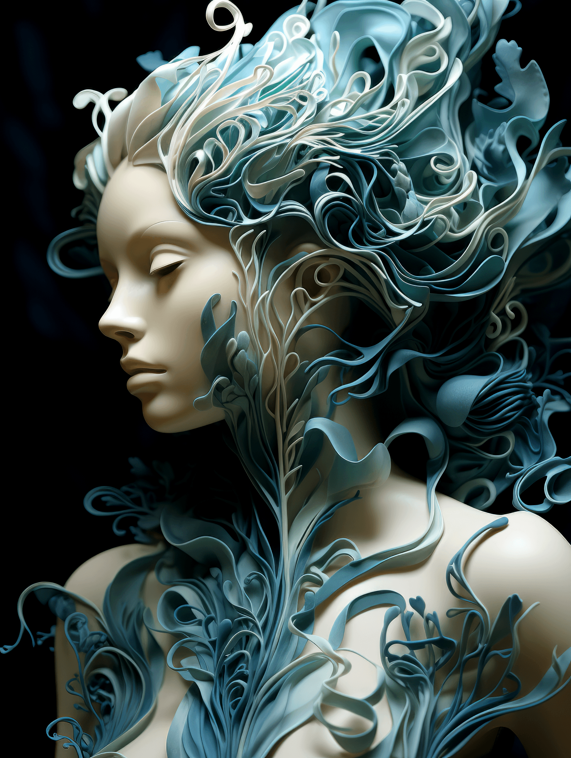 AI generated: human by juliane schreiner, in the style of intricate underwater worlds, flowing fabrics, dark turqu...