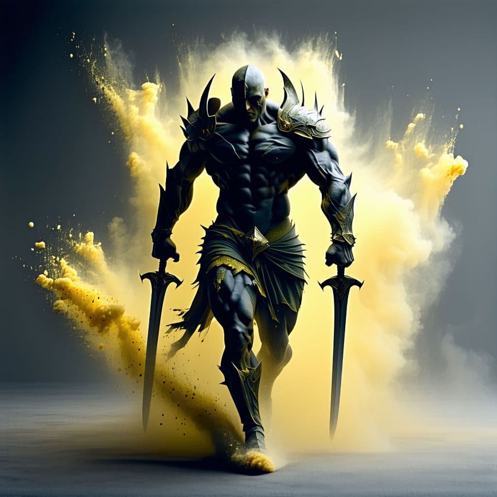 AI generated: High resolution A muscular, anthropomorphic warrior with a man head and body, wearing tattered pants...