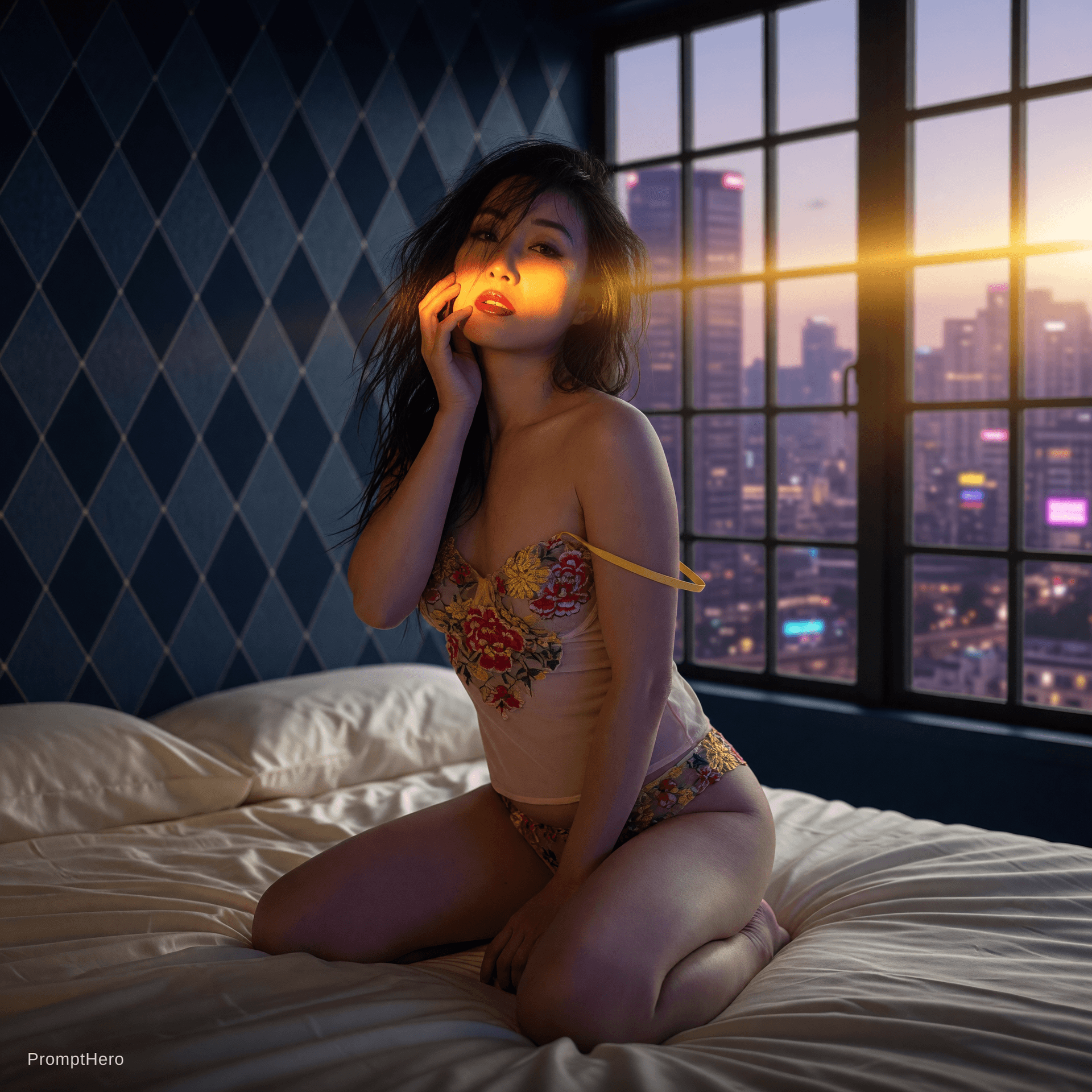 AI generated: A cinematic photorealistic boudoir portrait of a beautiful Asian woman kneeling on a bed. She is wea...
