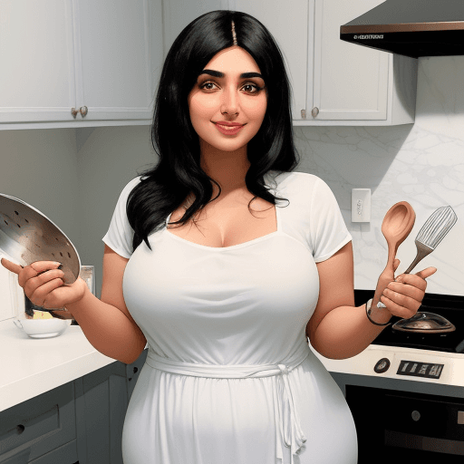 AI generated: "A 30-year-old arab woman with black hair, standing confidently in a modern kitchen. She is wearing ...