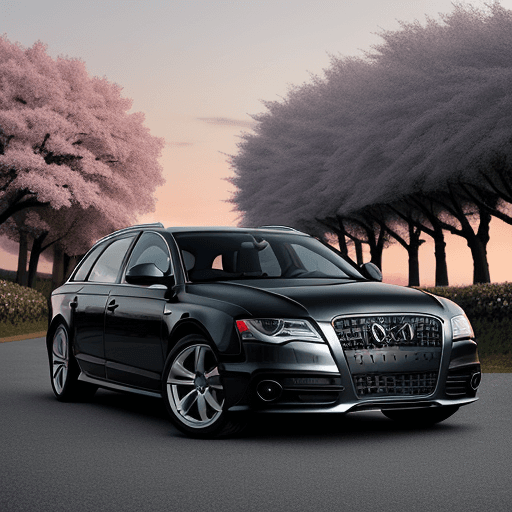 AI generated: a black 2009 audi a6 avant  at sunset with cherry blossom trees, wind, windy, shot on a Sony DSLR, 5...