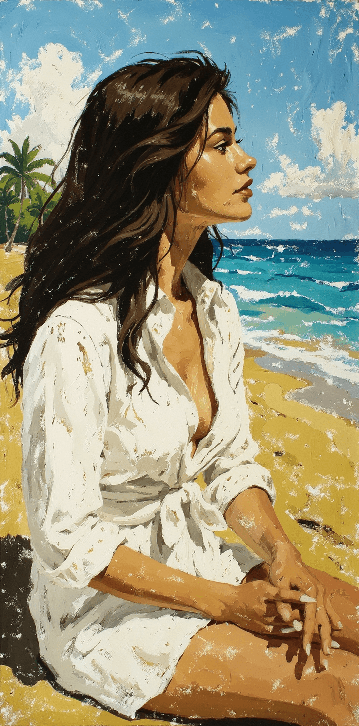 AI generated: a painting of a woman, in the style of brushstroke-intensive portraits, sitting  watching movie, pal...